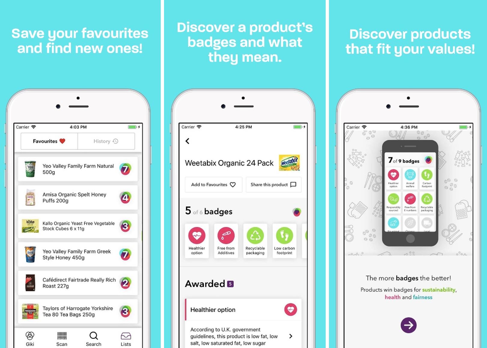 Screenshots from the Giki app