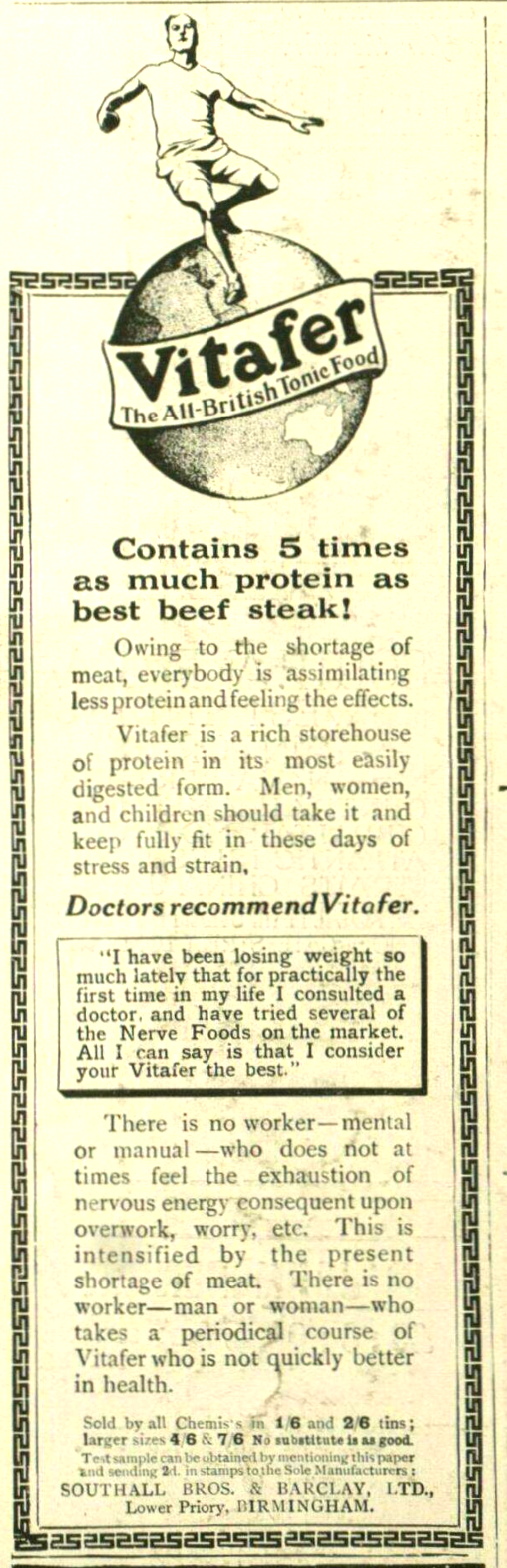 1918 advert for "Vitafer", stating "Contains 5 times as much protein as best beef steak!"