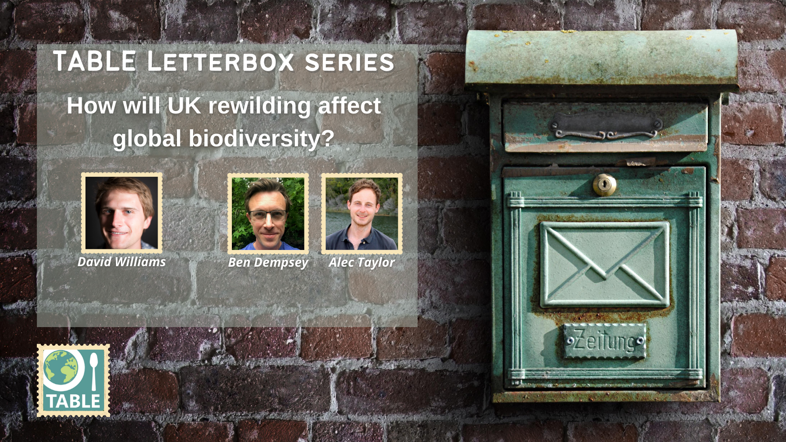 A flyer advertising the publication of a new edition of the Table letterbox series featuring David Williams and Benedict Dempsey & Alec Taylor on rewilding in the UK. The background is a green metal letterbox set into a brick wall. 