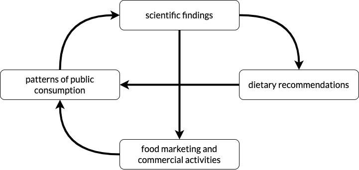 Diagram showing feedback loop between nutritional science and societal beliefs: Patterns of public consumption prompt scientific findings; scientific findings are communicated in dietary recommendations and food marketing; these both change patterns of public consumption