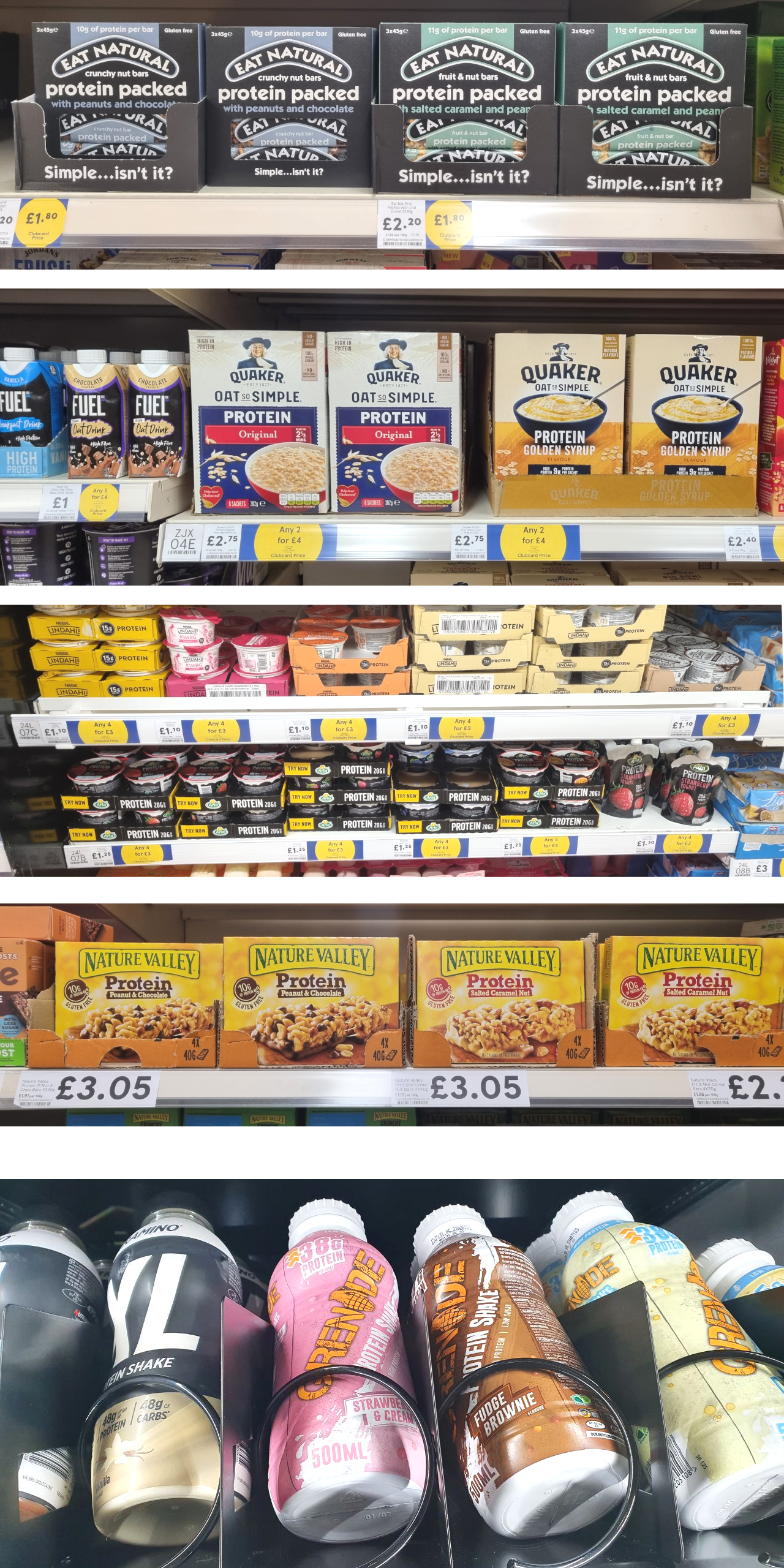 Array of images of foods on shop shelves advertised by protein content: Eat Natural bars, FUEL oat drink, Quaker Oats porridge mix, a variety of yogurts, Nature Valley granola bars, Grenade and other brands of milkshake in a vending machine.