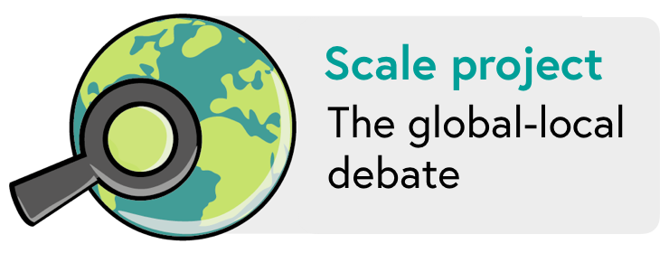 icon showing the earth from space with a magnifying glass examining one small area; the caption reads "Scale project: The global-local debate"