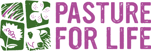 Pasture for life logo, purple text to left of drawings of grass, clover, flower, and cow in grid with green background