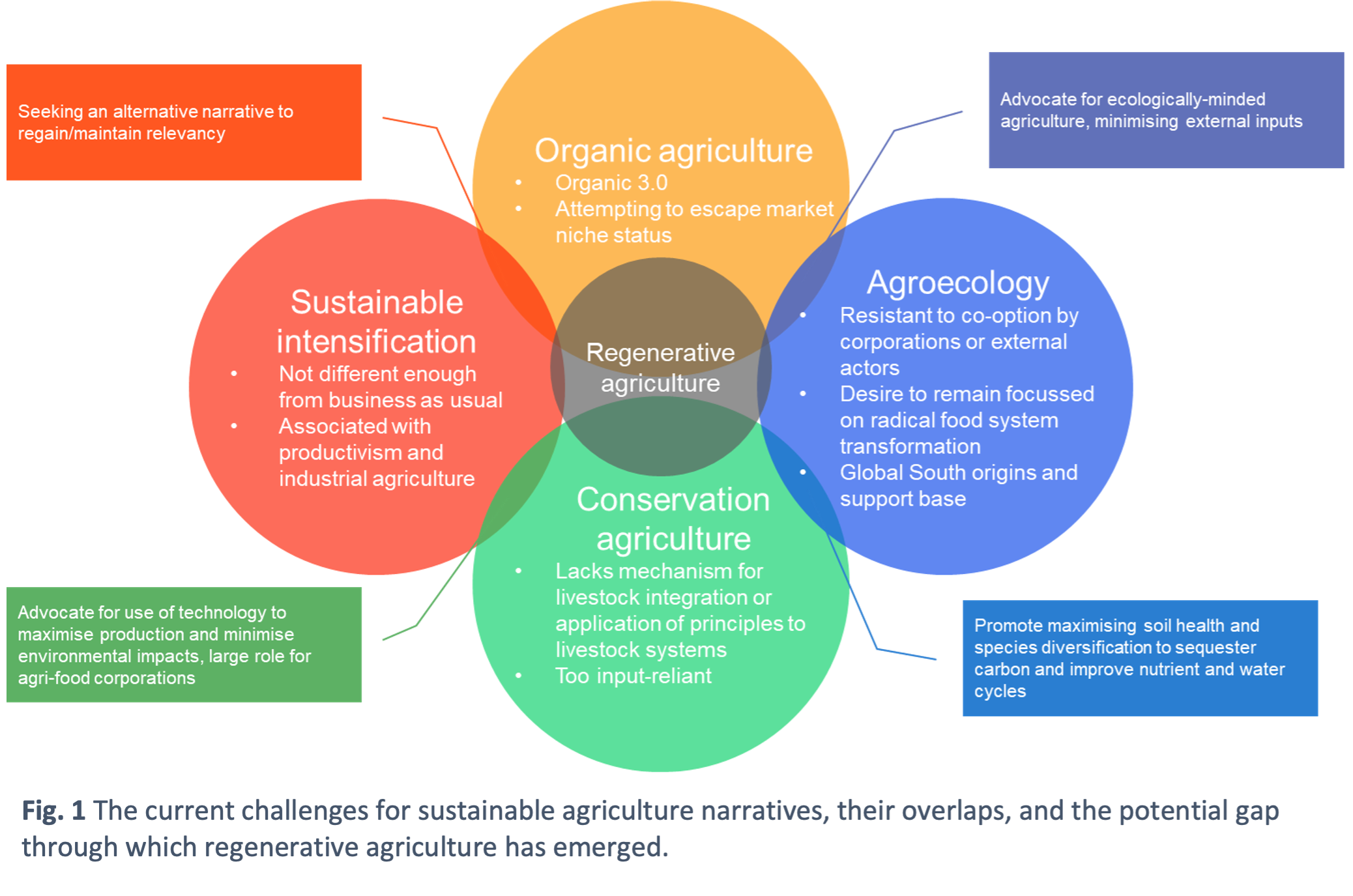 Fig. 1 The current challenges for sustainable agriculture narratives, their overlaps, and the potential gap through which regenerative agriculture has emerged.