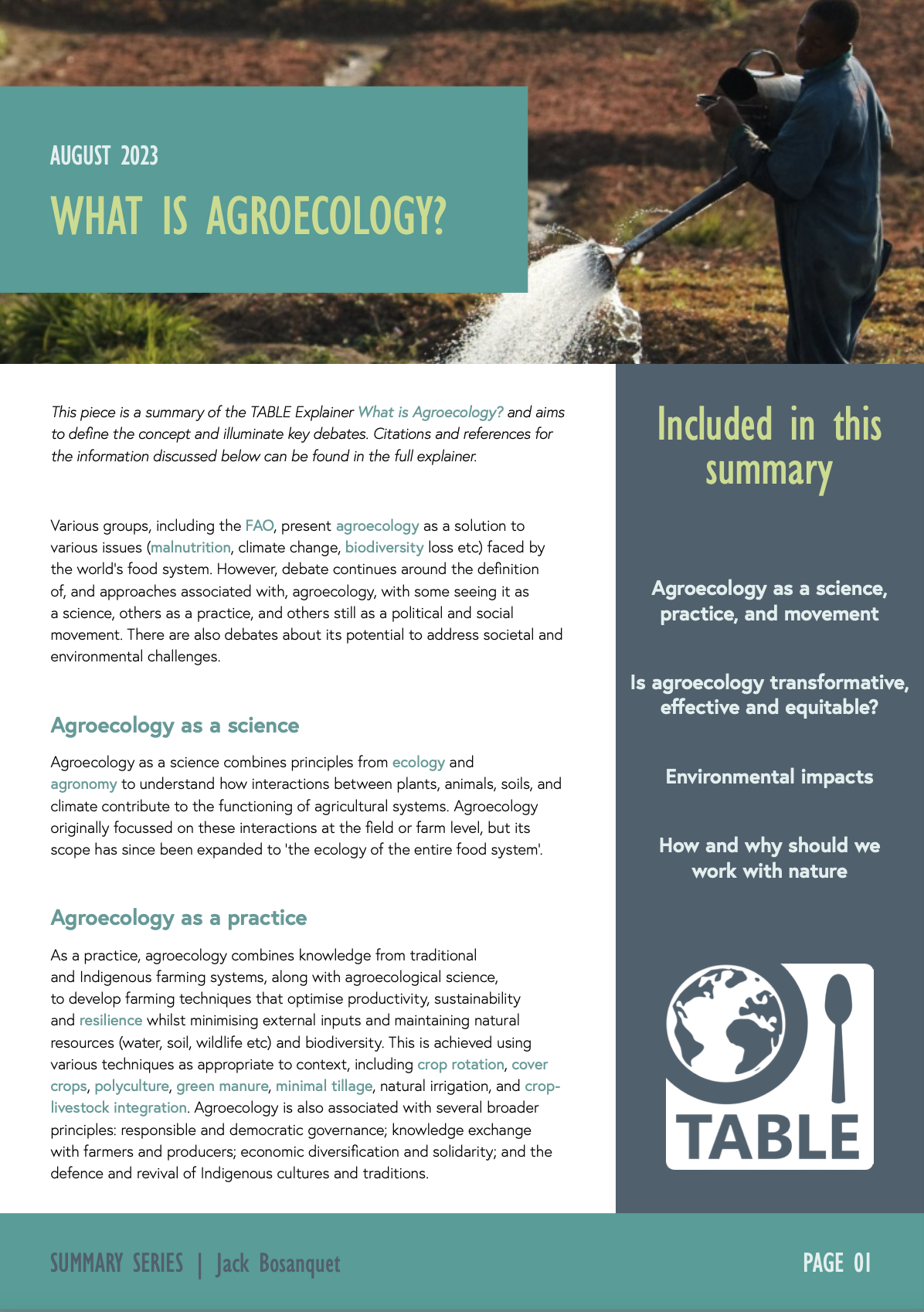 The first page of the agroecology explainer summary published by TABLE
