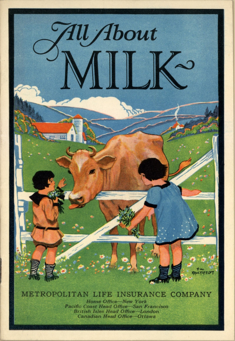 Cover of Metropolitan Life Insurance Company booklet entitled "All About Milk" featuring drawing of two children feeding a cow
