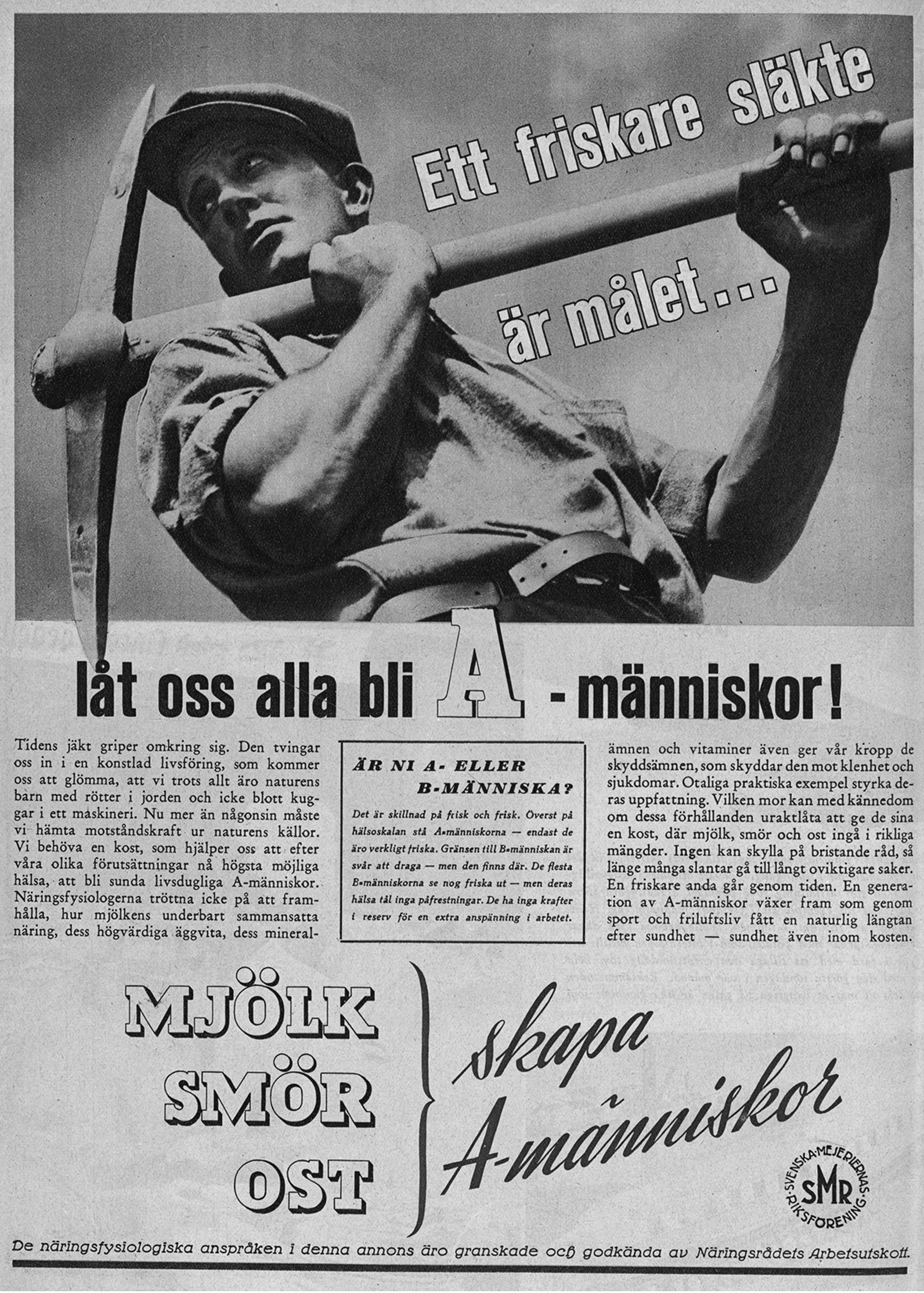 Svenska Mejeriernas Riksförening advert for dairy products, 1937, featuring text in Swedish and picture man carrying pickaxe