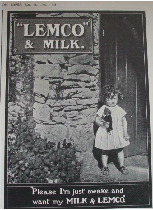 Lemco advert with toddler stood by door of cottage with caption "Please I'm just awake and want my MILK & LEMCO"
