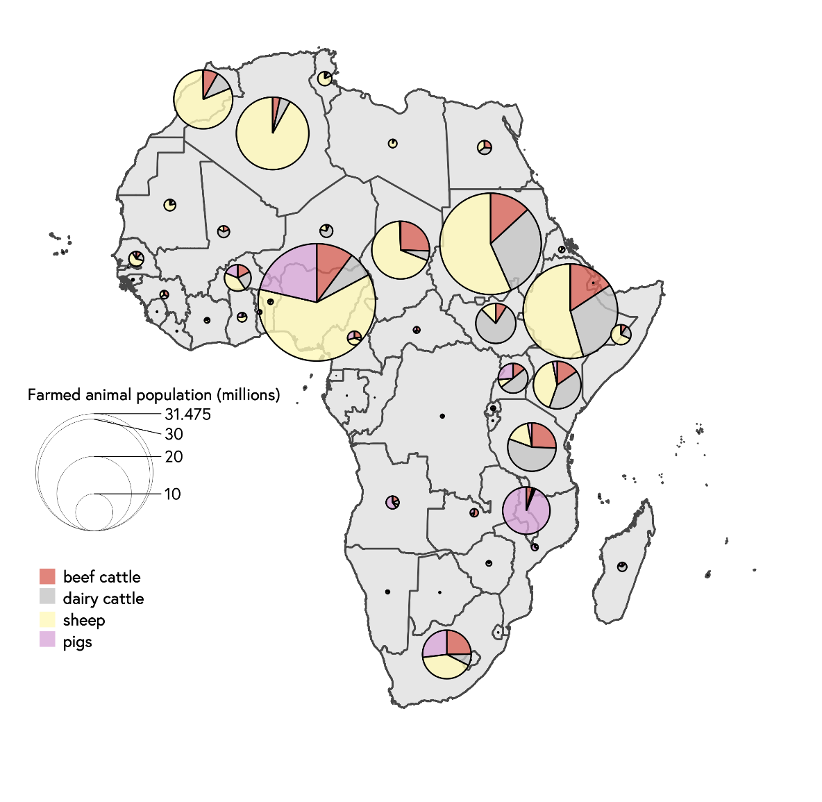 Figure 3: Farmed animal populations across Africa excluding chickens, 2020. Data source: FAOSTAT database.