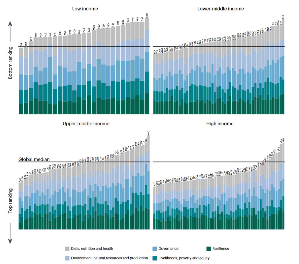 Image 2: Schneider et al. (2023). Average country ranking subdivided by theme and separated by country income level. A lower rank indicates a better position.