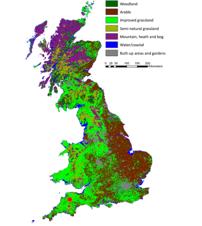 Landscape structure of the UK in 2015. The red dot represents the location of the author's research site.