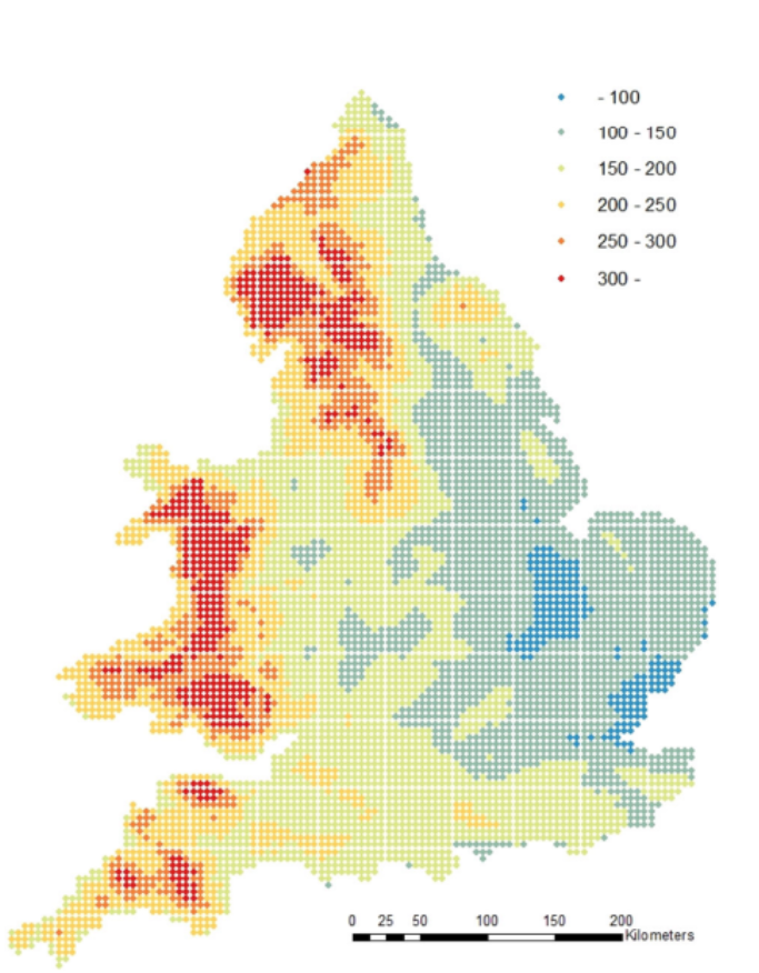 Number of days in a year during which the soil in England and Wales surpassed its water holding capacity.