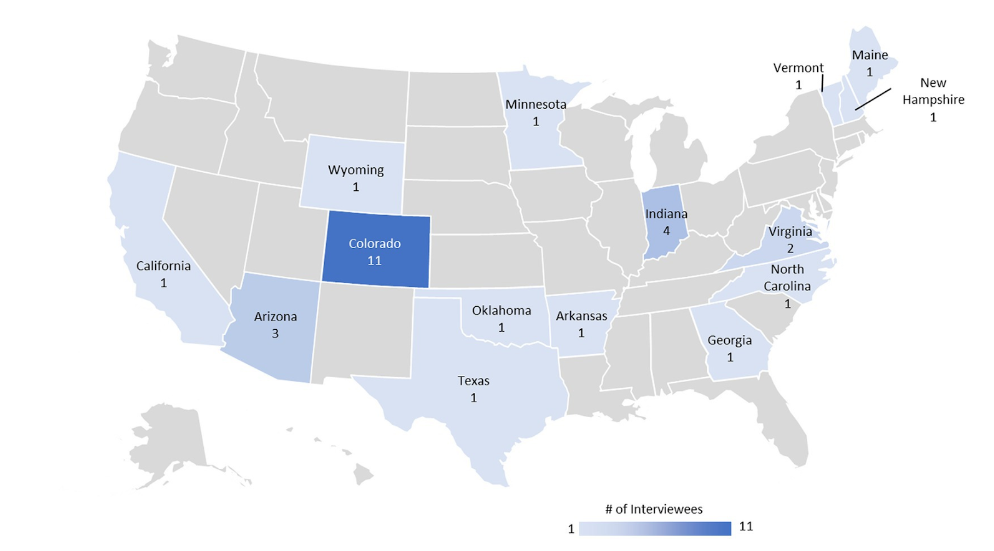 A map of the United States highlighted by the number of study participants from each state included with Colorado containing over a third of total participants.