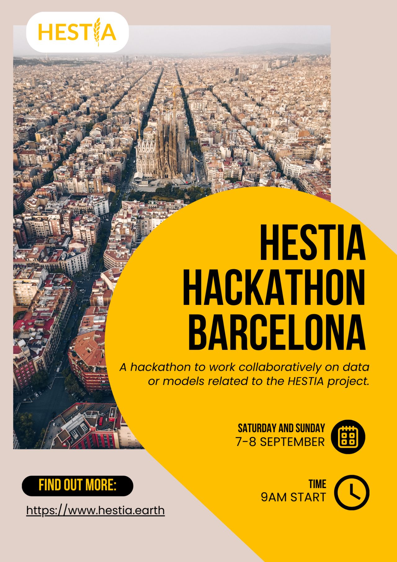 A flyer for the 2024 Hestia Hackathon in Barcelona