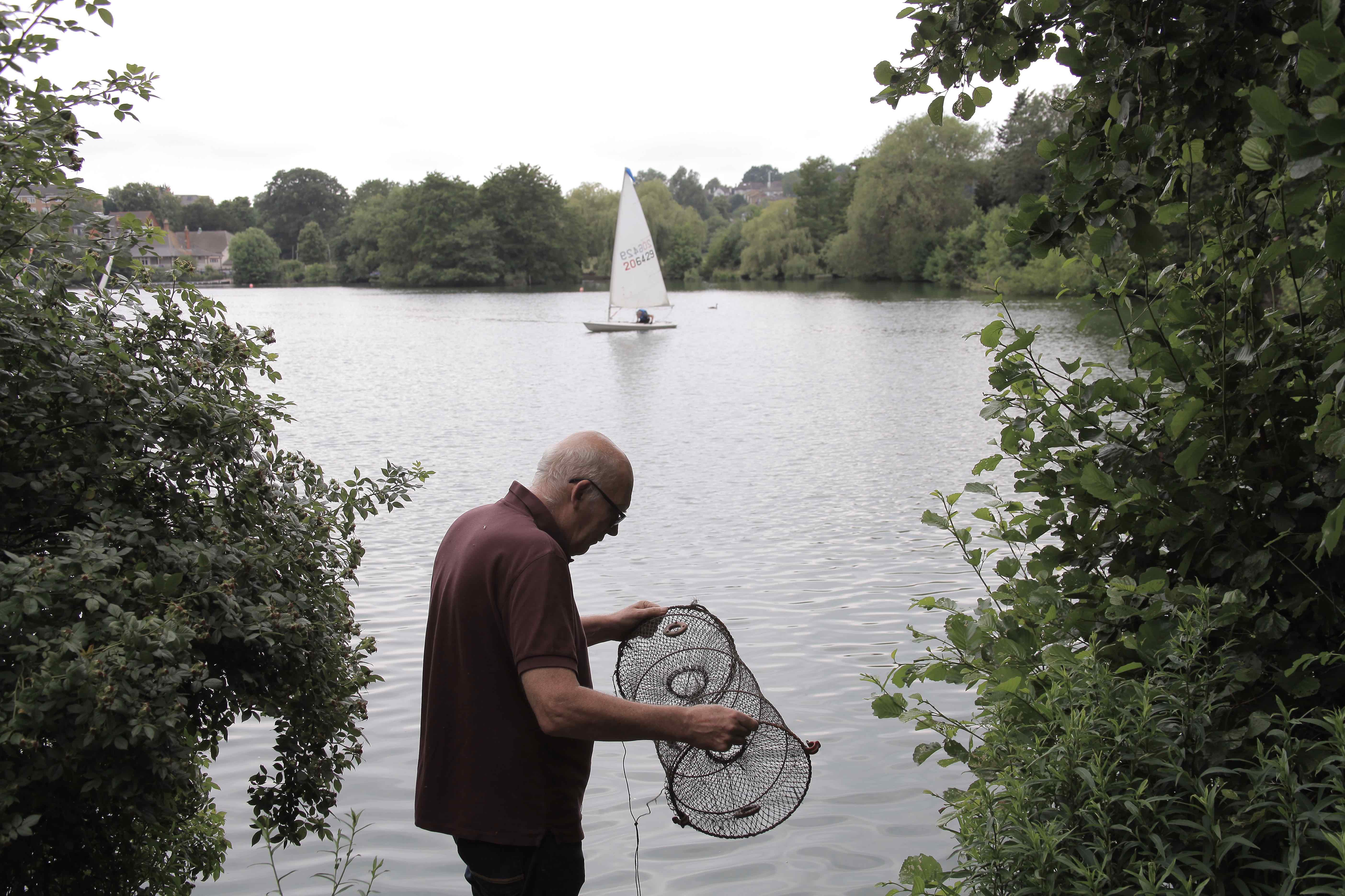 Bob Ring handles a crayfish trap with a lake and sailboat in the background. Photo by Jackie Turner.