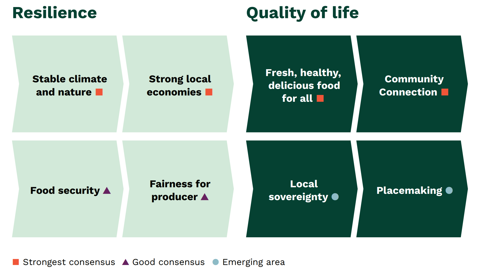 Figure 1: Topics within two broad areas of resilience and quality of life and their relative consensus level within the group of interviewees. 