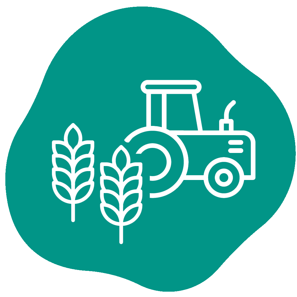 An icon featuring an illustration of a tractor and two large wheat stalks.