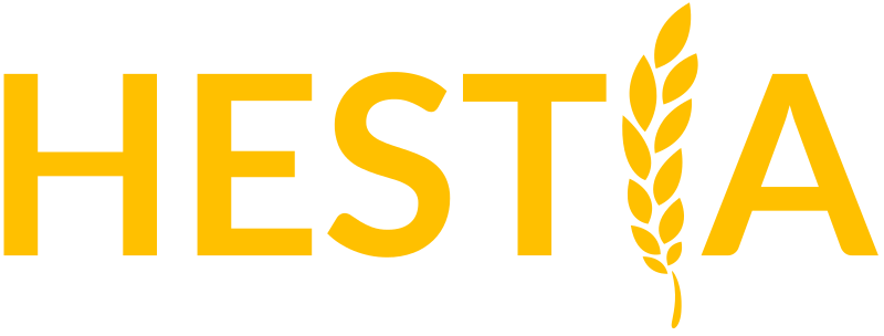 HESTIA logo, the word 'HESTIA' in bright yellow text with the "I" replaced by an image of a ear of wheat