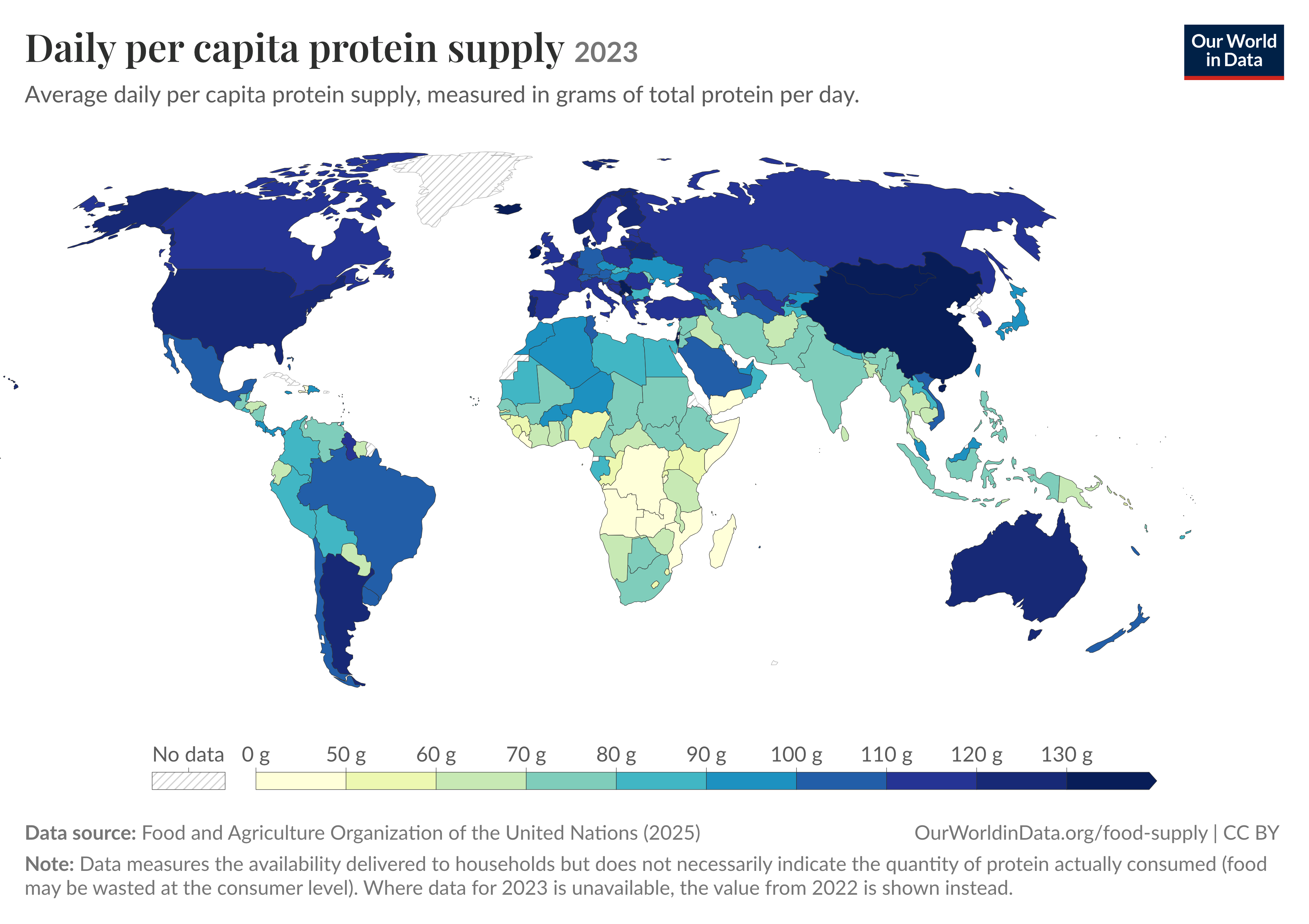 Figure 2: Daily per capita protein supply across the world (2023).