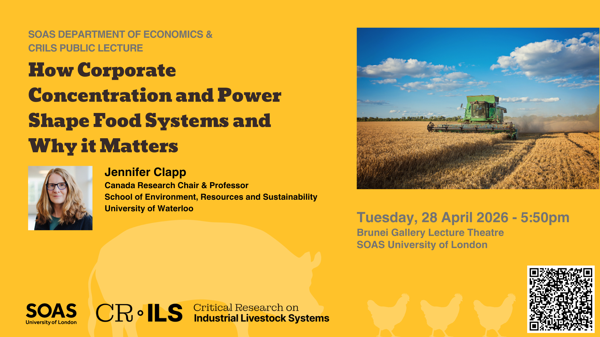 A flyer for the SOAS & CRILS event on Tuesday 28 April with Jennifer Clapp.