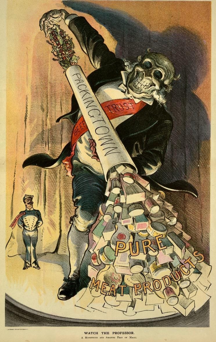 A humorous cartoon mockingly depicting the beef industry production, and regulators' complicity. Puck Magazine, 1906. Credit: Library of Congress.