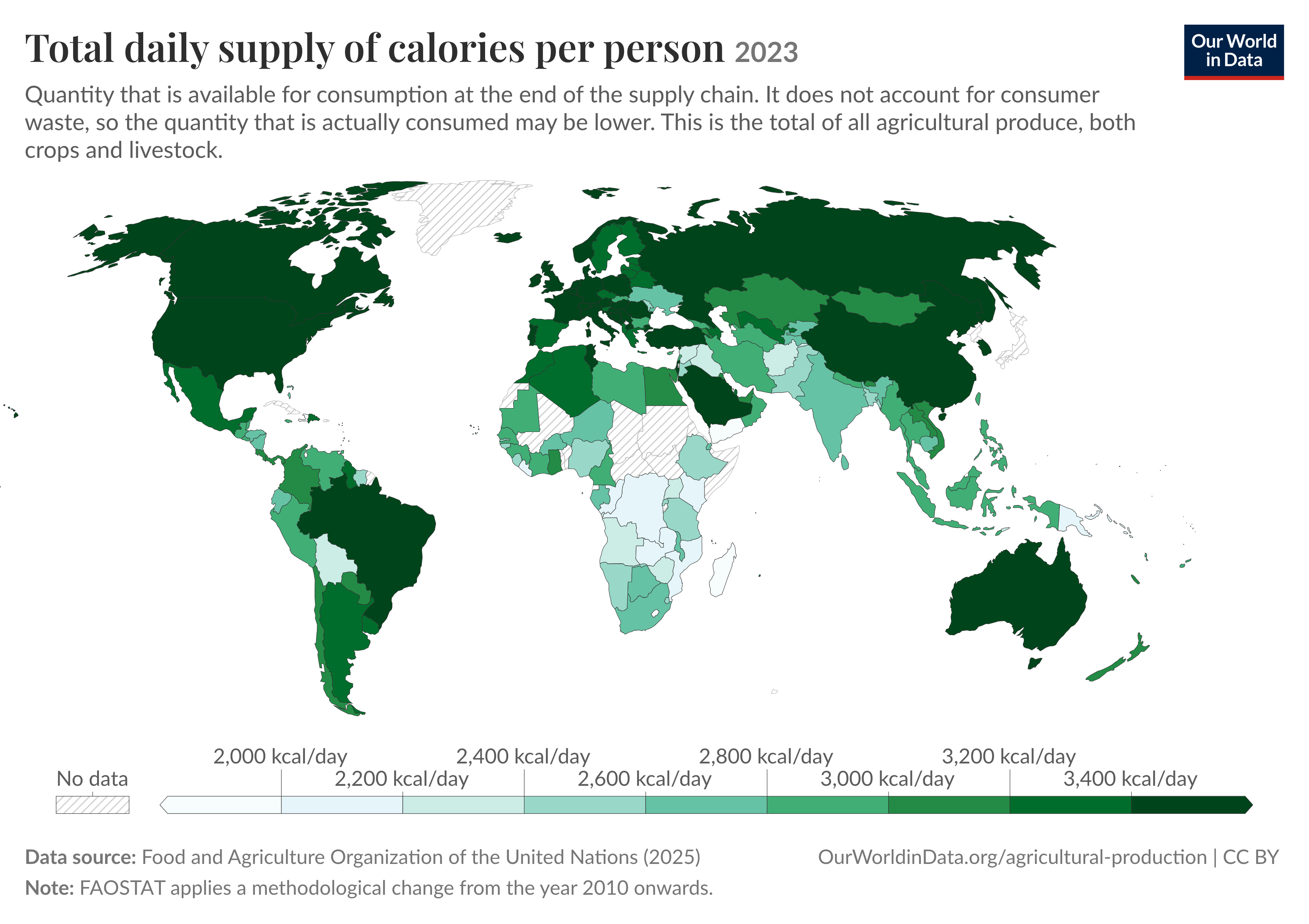 Figure 3: Daily per capita calorie supply across the world (2023).