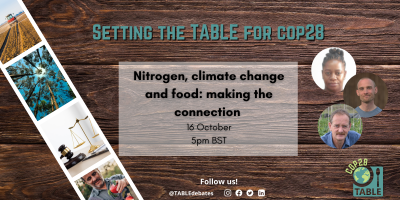 A flyer advertising the "Setting the Table for COP28” series and the event “Nitrogen, climate change and food: making the connection”. There is a photo strip of agricultural landscapes laying on a wooden table and the TABLE logo in the corner. There are photos of the speakers Ken Giller, Rasmus Einarsson, and Pauline Chivenge.
