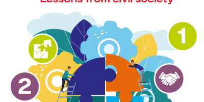 Front cover of Transforming UK Food Systems Strategic Priority Funds report titled Leveraging knowledge-policy interfaces for food systems transformation in the UK: Lessons from civil society. Image contains the title with a mix of puzzle pieces, sustainability icons, and cartoon workers fitting the pieces together