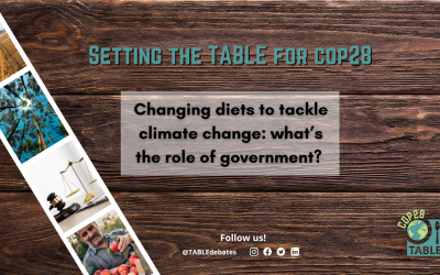 A flyer advertising the "Setting the Table for COP28” series and the event “Changing diets to tackle climate change: what’s the role of government?” There is a photo strip of agricultural landscapes laying on a wooden table and the TABLE logo in the corner.