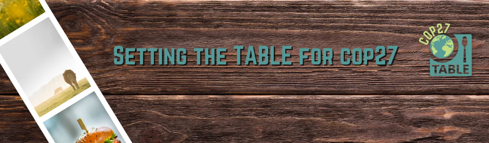 Banner for the "Setting the table for COP27" event series with images of cows in fields in a film strip on a wooden table background.