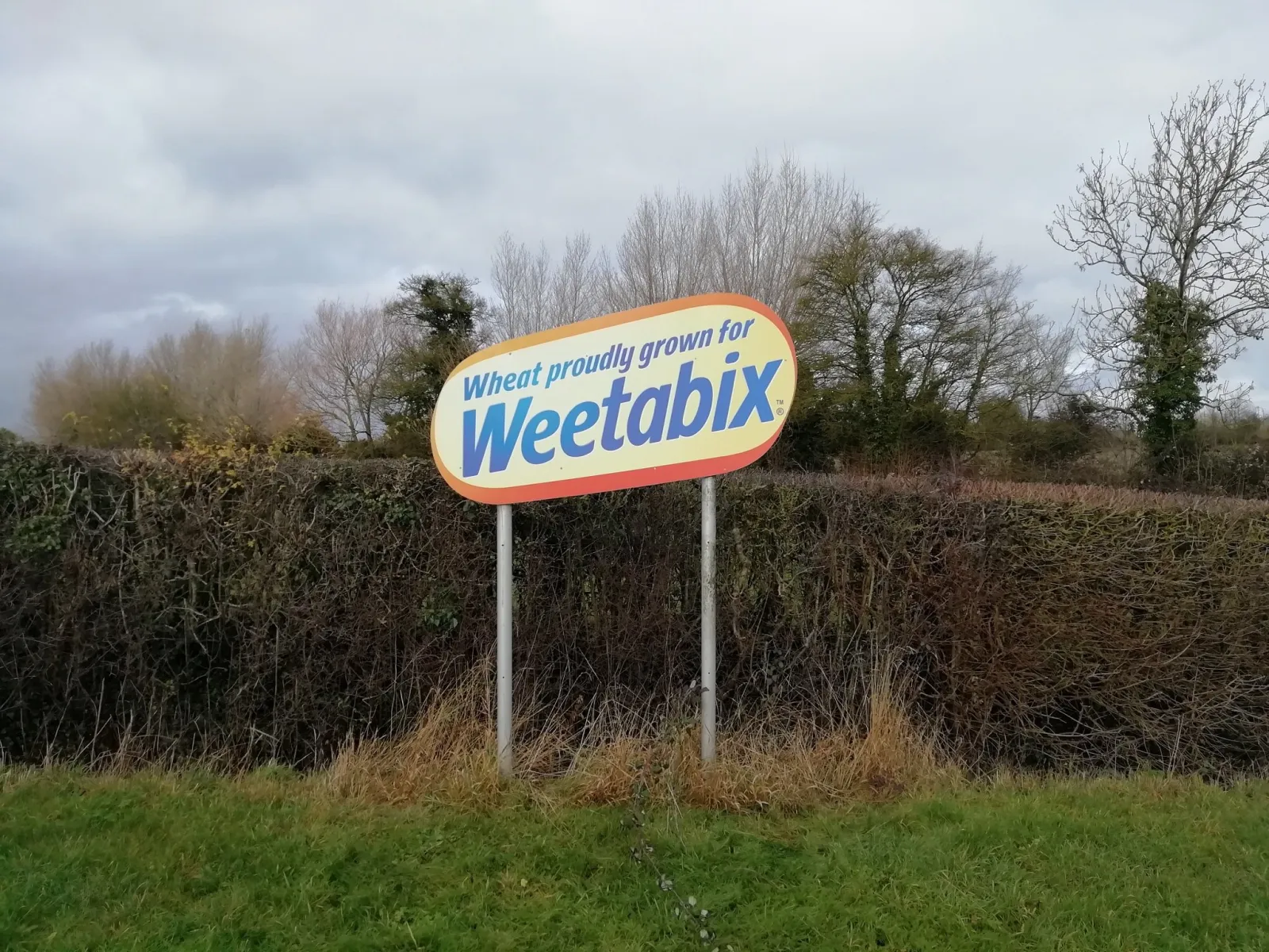 Photo by Mick Baker via Flickr. A sign of weetabix next to field