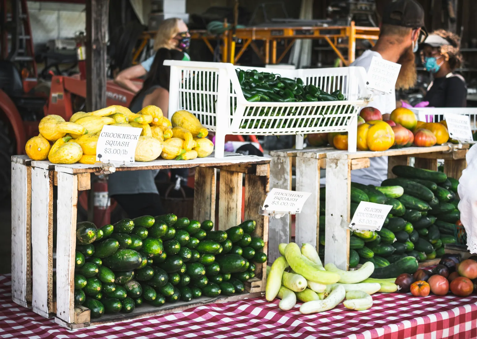 Vegetables arranged in wooden crates on a checkered table cloth. Photo by Quin Engle via Unsplash.