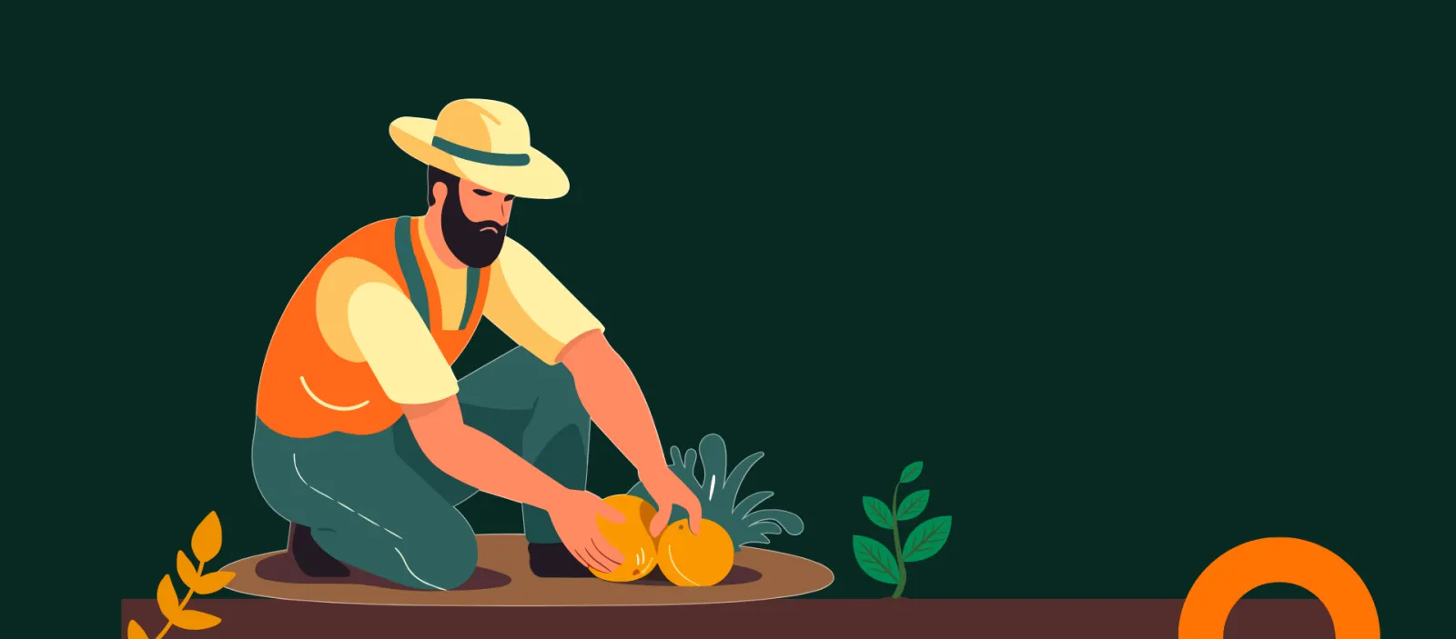 An illustration of a man picking up oranges with the TABLE logo
