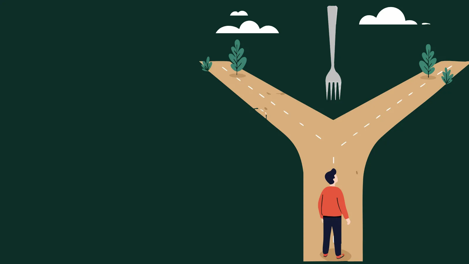 An illustration of a person looking up the road to where it splits. An animated fork juts from the junction between the roads.