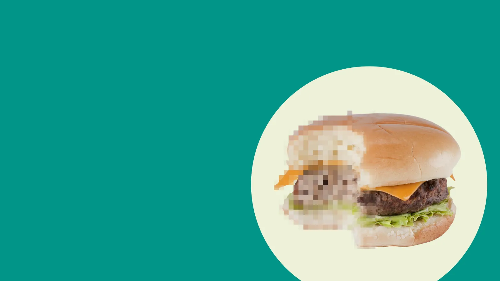A half-pixelated burger sits on a green and beige background