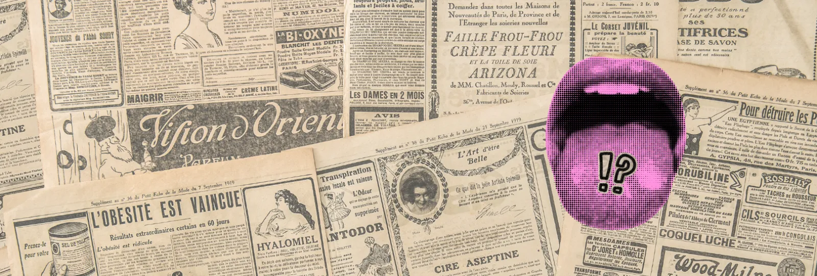 Newsprint background with an open hot pink mouth cutout.