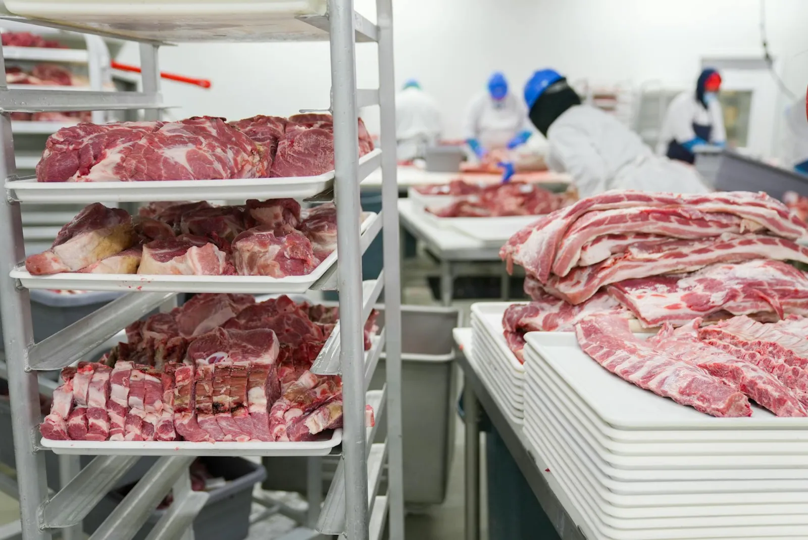 Meat on a counter in processing plant. Credit: Mark Stebnicki via Pexels