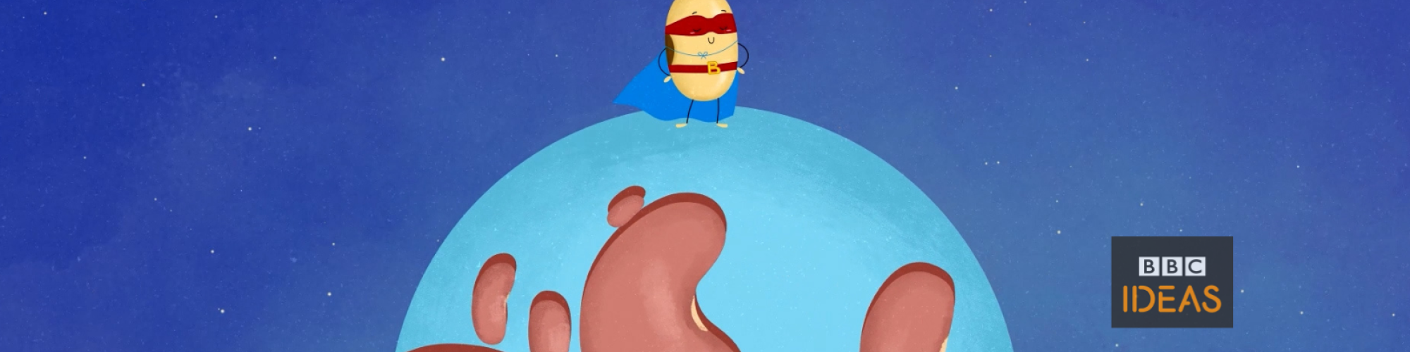 A bean hero stands on top of a globe on which the continents are made of beans 