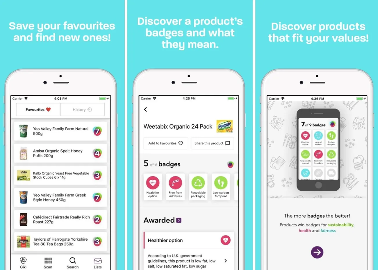Screenshots from the Giki app
