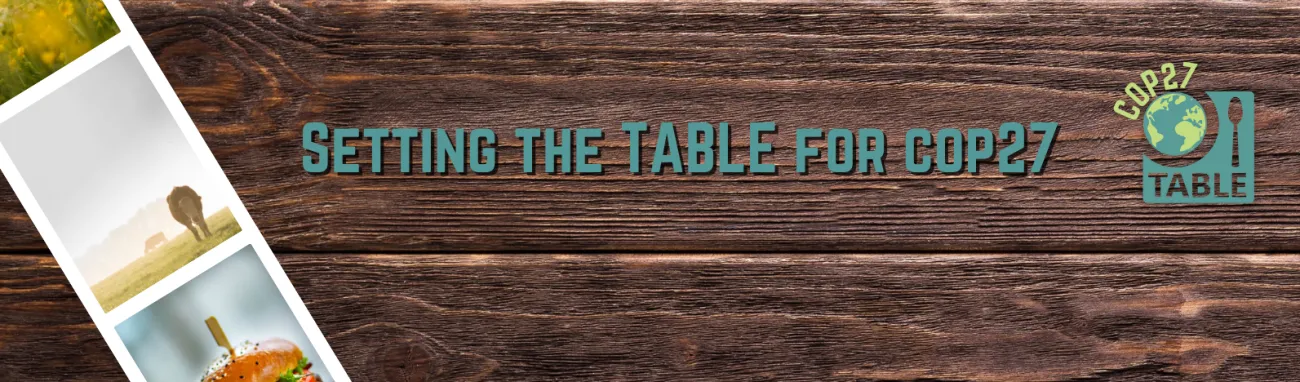 Banner for the "Setting the table for COP27" event series with images of cows in fields in a film strip on a wooden table background.