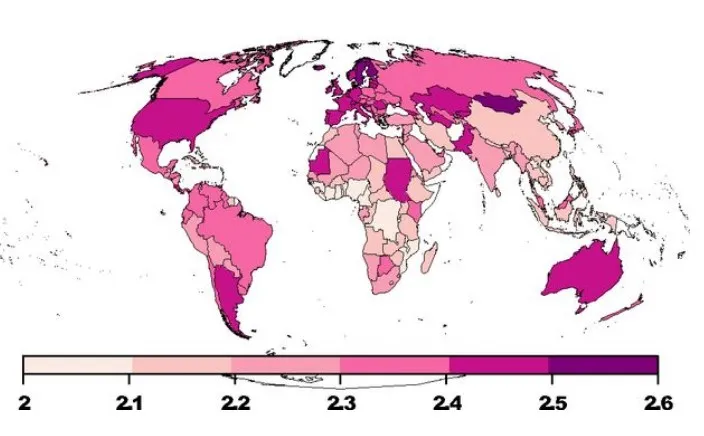 map of the median human trophic level over 2005–2009.
