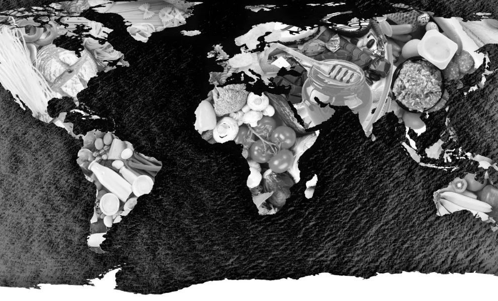 A black and white image of a world map with the continents filled with photos of food.