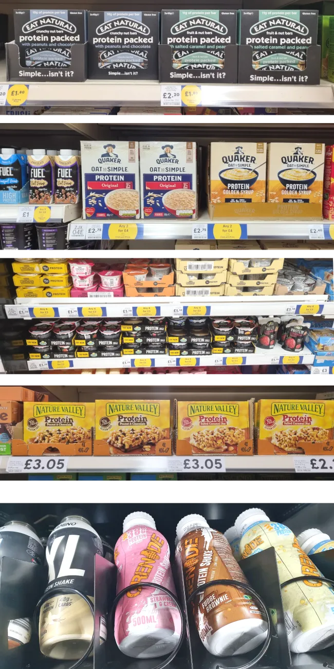 Array of images of foods on shop shelves advertised by protein content: Eat Natural bars, FUEL oat drink, Quaker Oats porridge mix, a variety of yogurts, Nature Valley granola bars, Grenade and other brands of milkshake in a vending machine.
