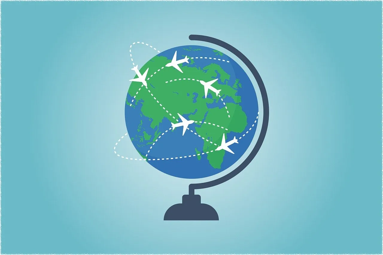 An animated globe with planes flying between different countries. Image by Mudassar Iqbal via Pixabay.