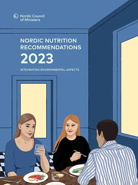 Cover of the Nordic Nutrient Report 2023, featuring a cartoon of three people having a communal meal