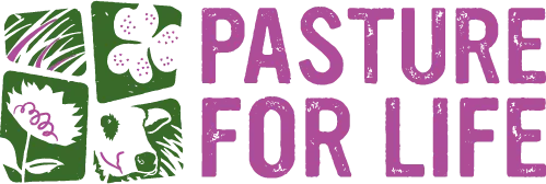 Pasture for life logo, purple text to left of drawings of grass, clover, flower, and cow in grid with green background