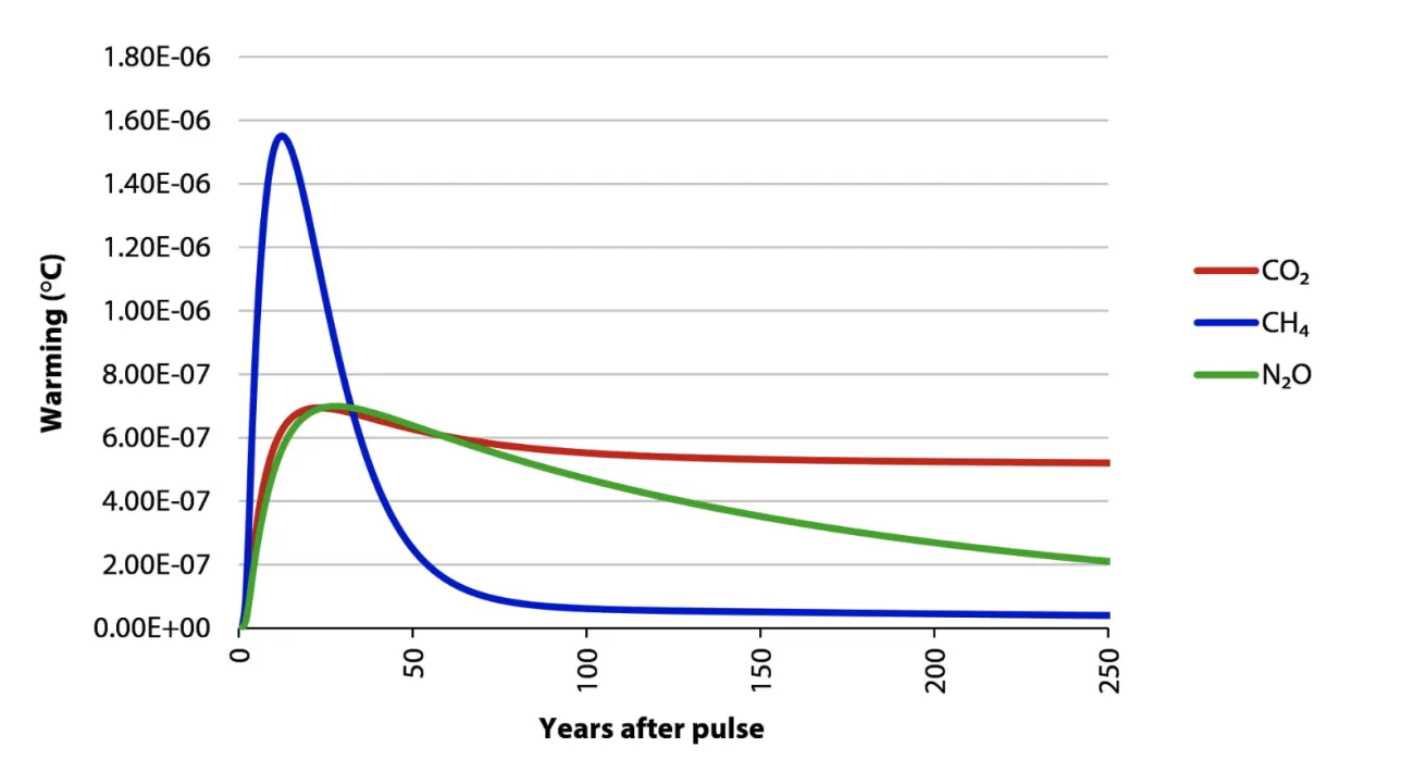 Figure 1. Global warming response to a one-off pulse emissions of 1Mt CO2 -equivalent of CO2, CH4 or N2O, as defined using the 100-year Global Warming potential. Response functions and emission metric values as in the IPCC 5th Assessment Report (excluding climate-carbon cycle feedbacks). This figure is reproduced with permission from the UK Committee on Climate Change report ‘Land use: Policies for a Net Zero UK’
