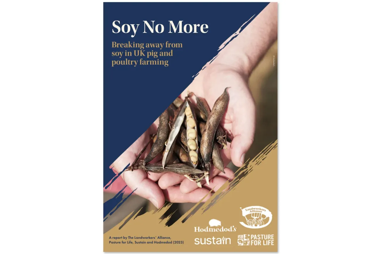 Soy No More report cover showing a handful of dried soybeans. 