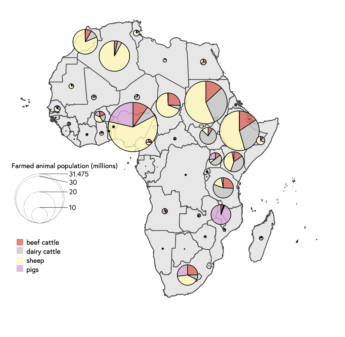 Figure 3: Farmed animal populations across Africa excluding chickens, 2020. Data source: FAOSTAT database.