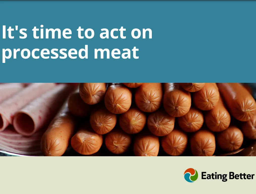 Cover of It’s time to act on processed meat, a report by Eating Better, showing a pile of frankfurters 